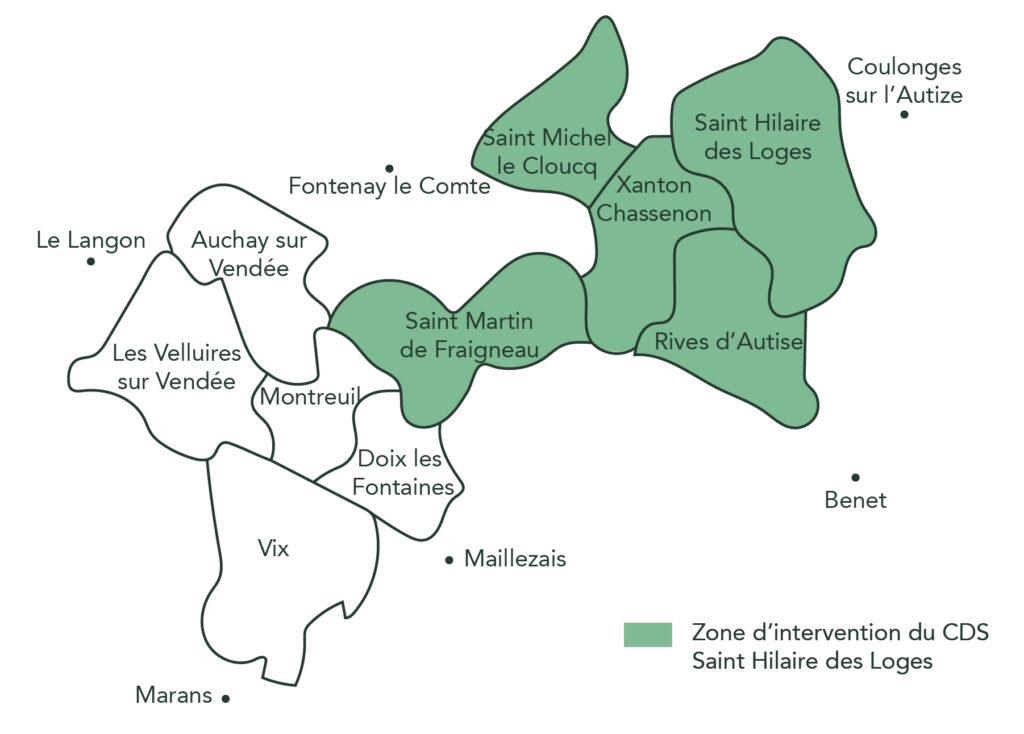 Carte des zones d'intervention de l'association de soins à domicile Saint Hilaire des Loges : Saint-Martin des Fraigneau, Xanton Chassenon, Rives d'autise, Saint michel le cloucq,