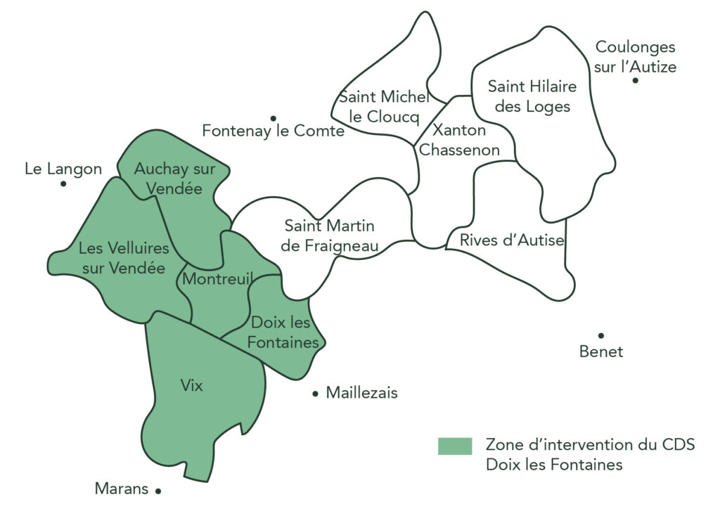 Carte des zones d'intervention de l'association de soins à domicile Doix les Fontaines : Auchay sur Vendée, Montreuil, velliures sur vendée, Vix